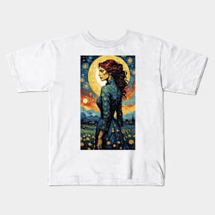 Starry Night Symphony: Van Gogh-Inspired Woman Kids T-Shirt